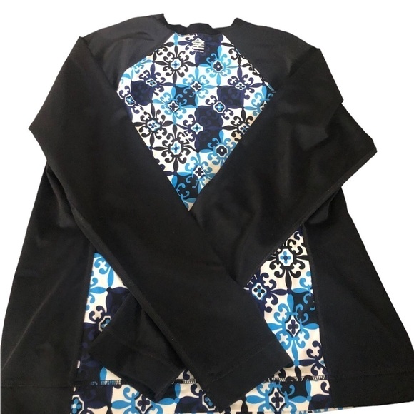 Lands End Rash Guard Sz. M 10/12 Fitted Long Sleeve Black Blue Printed High Neck - Picture 2 of 5